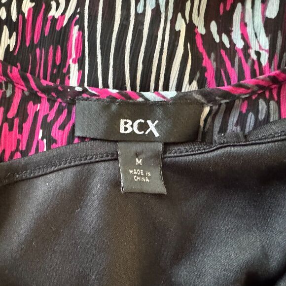 BCX Sheer Top Women Sz M Black with Fucsia White Print Over Cami Tank Ruched Hem - Picture 6 of 8